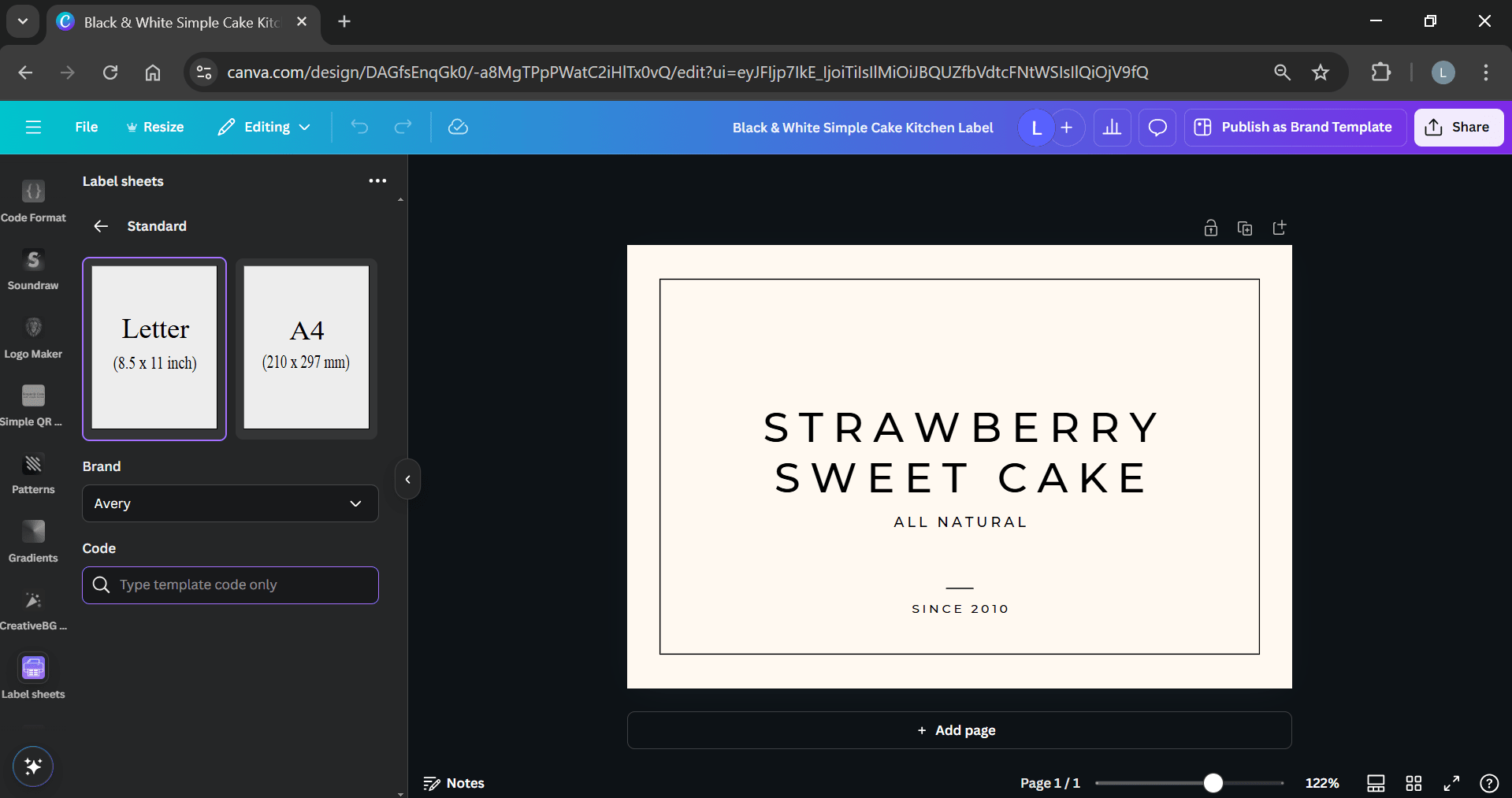 Canva editor showing the launched Label Sheets app and a label template.