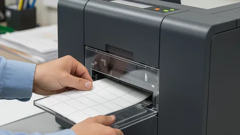 User feeding label sheets into a printer one at a time