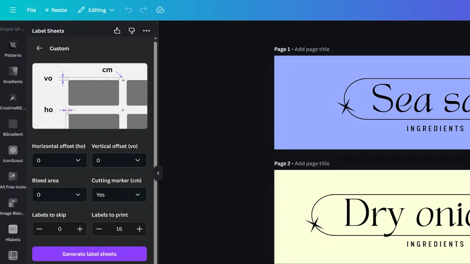 Label layout settings view in the Label Sheets app for custom label templates