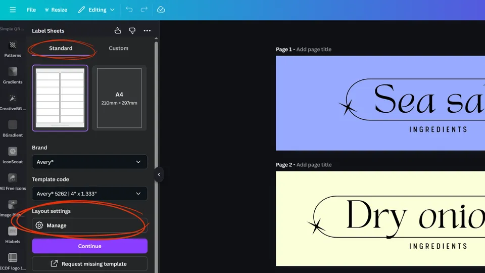 Label Sheets app showing the Layout Settings button for standard label templates