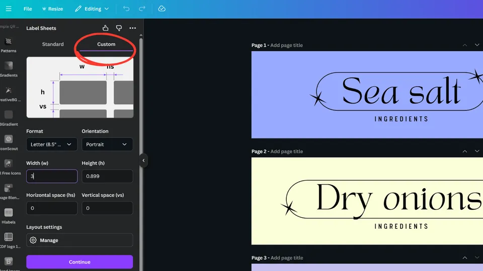 Label Sheets app showing custom layout settings for generating a label sheet printout