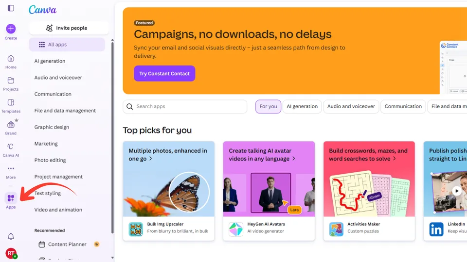 Open the Apps section in Canva