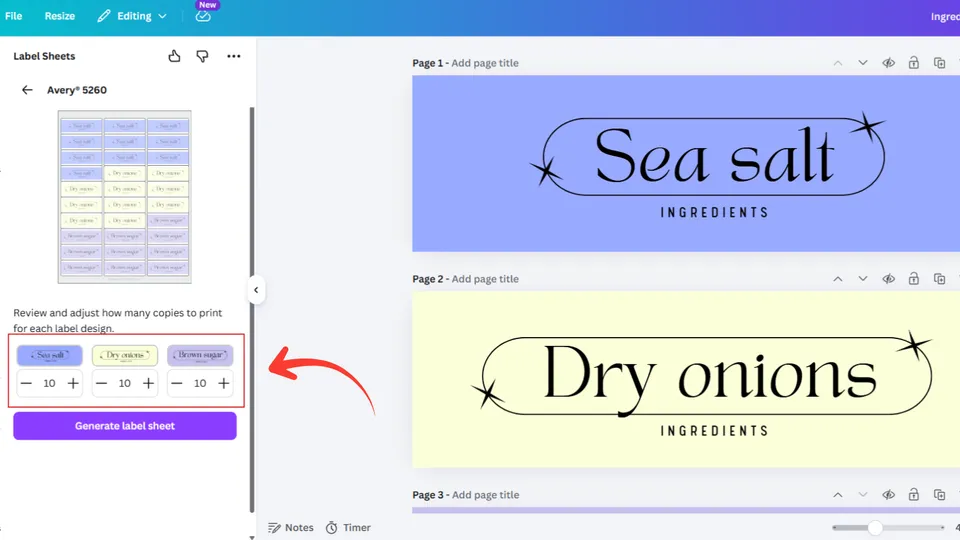 Adjust label quantities per sheet in Canva