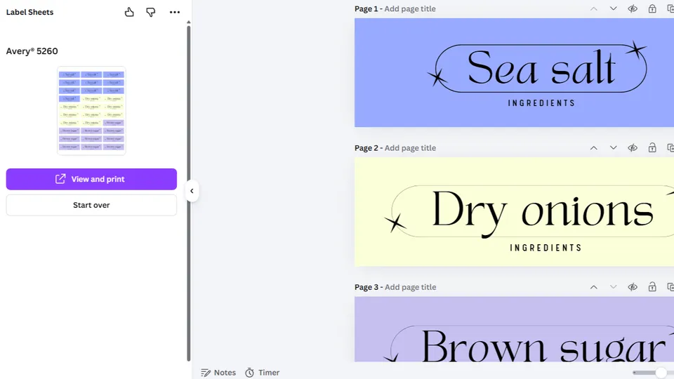 Generate and preview multi-design label sheet printout in Canva