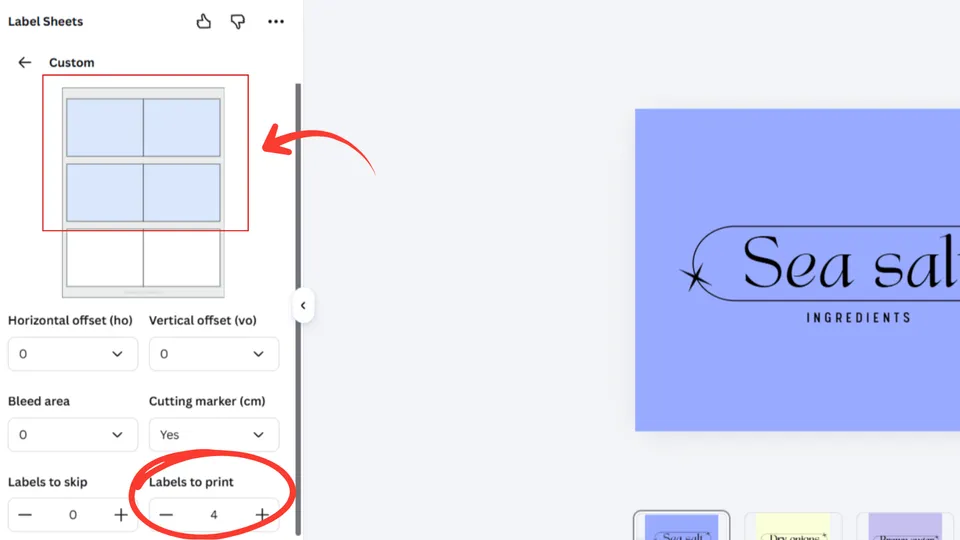 Set number of labels to print on a custom sheet in Canva