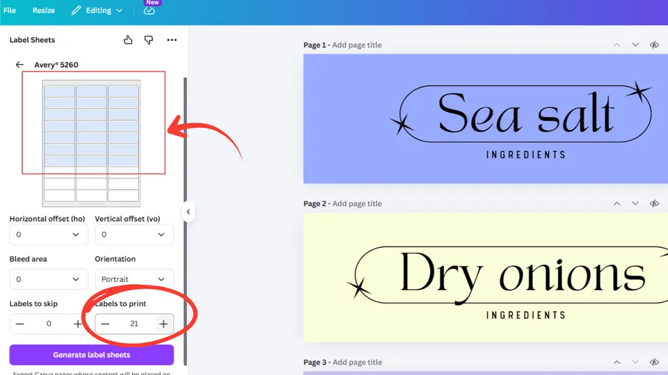 Set number of labels to print on a standard label sheet in Canva