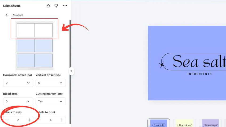 Skip used labels on a custom label sheet in Canva
