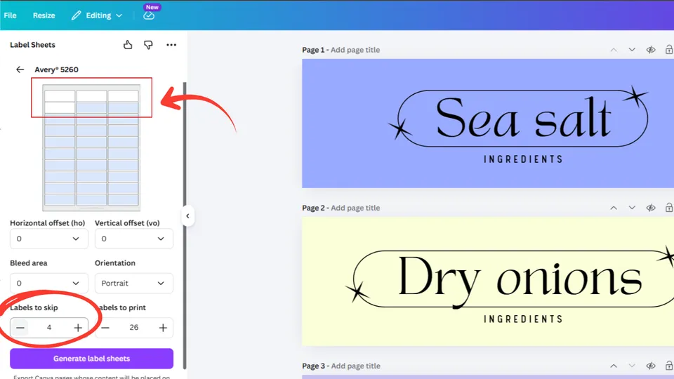 Skip used labels on a standard label sheet in Canva