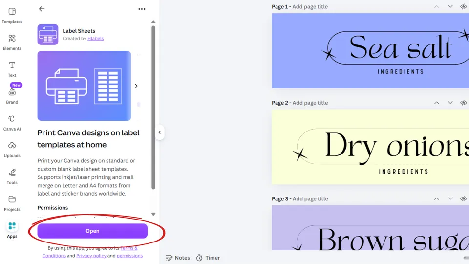 Open the Label Sheets app in Canva