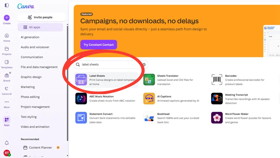 Search for the Label Sheets app in Canva