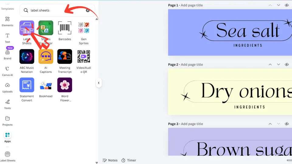 Search for the Label Sheets app in Canva