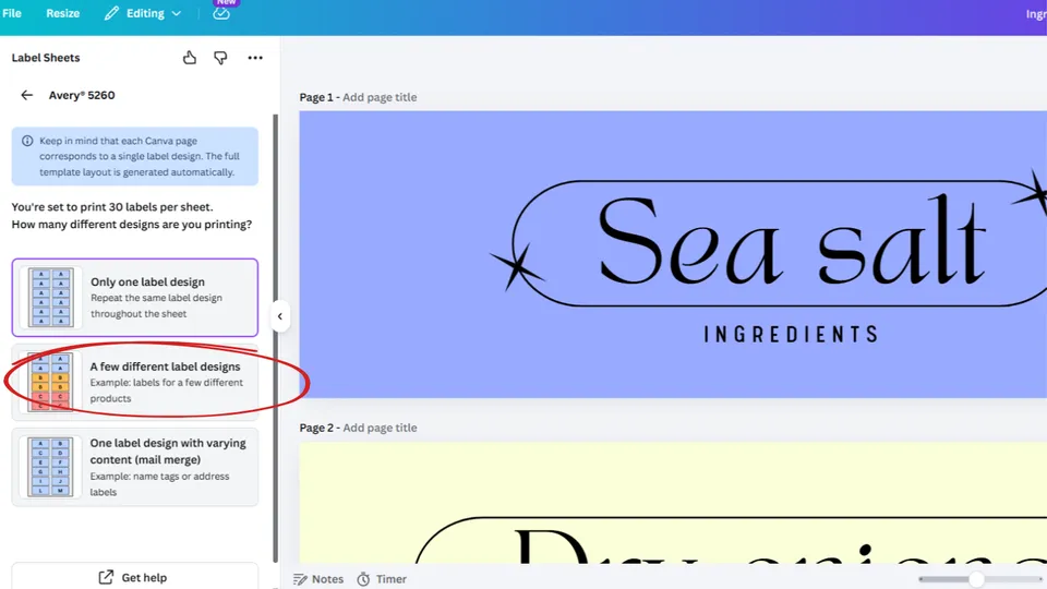 Create multiple label designs on one sheet in Canva