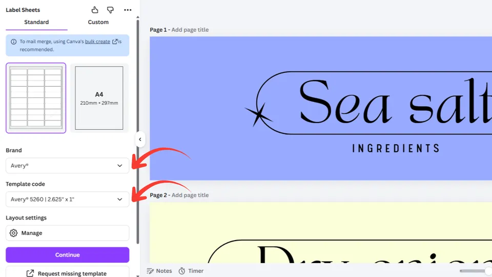 Select label brand and code in the Label Sheets app