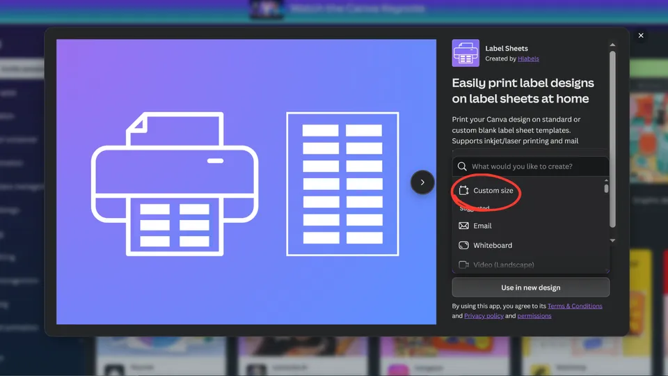 Start a custom-size design in Canva to print labels