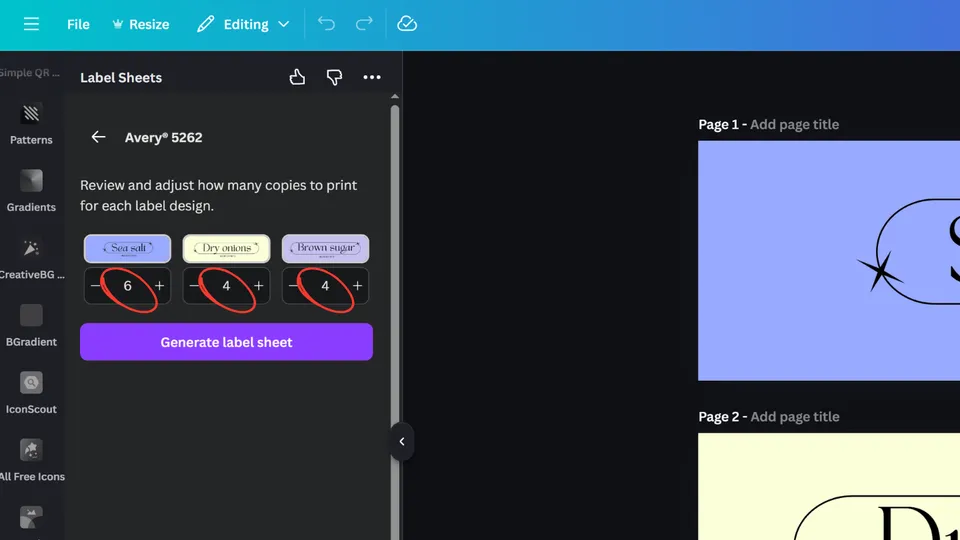 Label Sheets app showing how to set the number of copies for each label design on a sheet