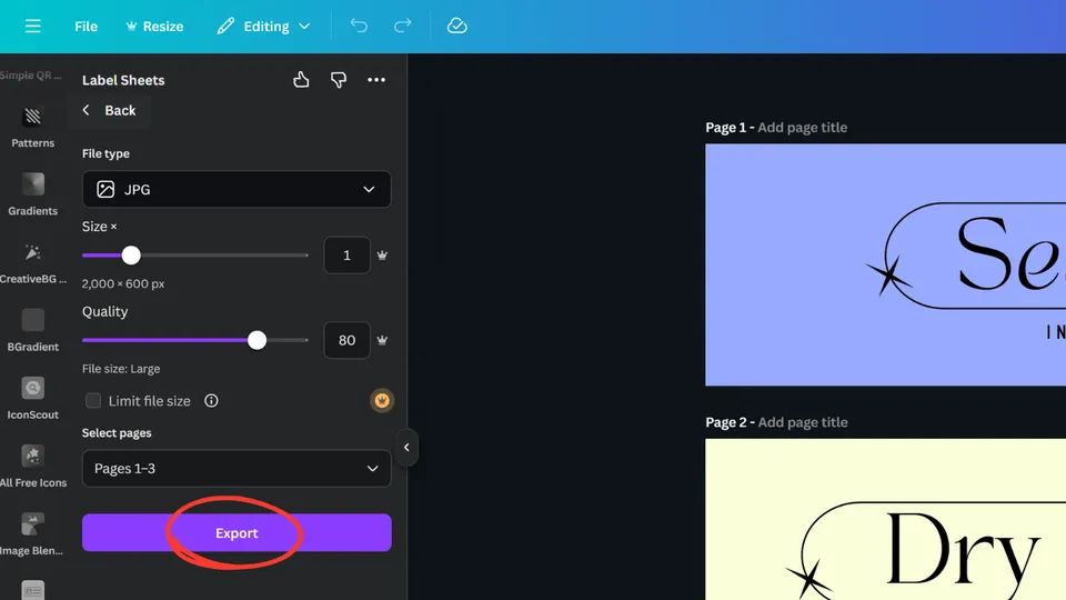 Canva export page showing selection of label designs and file settings for a label sheet printout