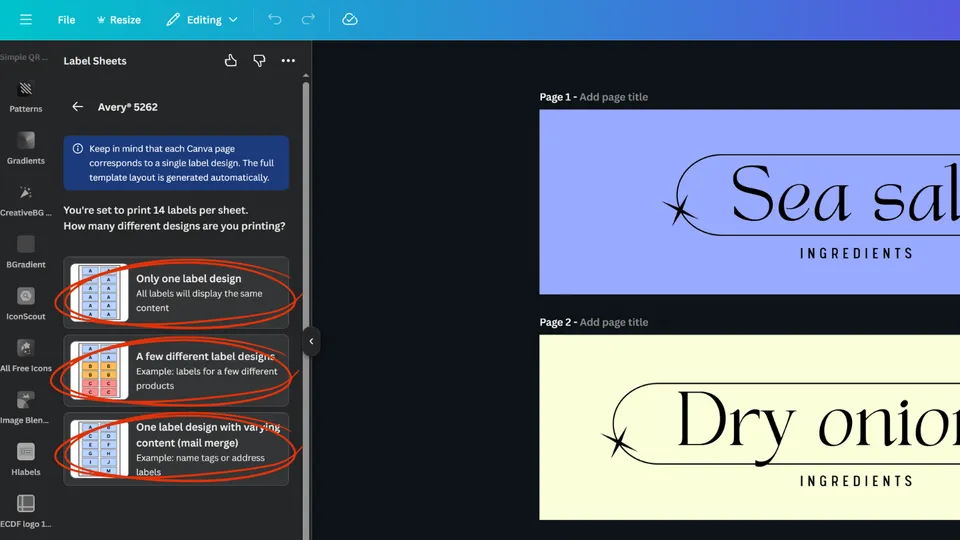 Label Sheets app in Canva showing options for how labels are laid out on the sheet