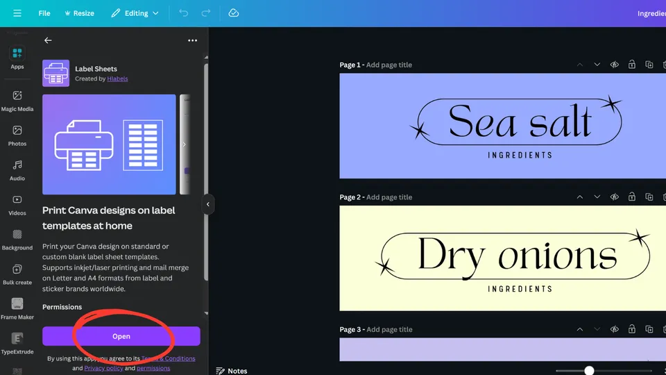 Launching the Label Sheets app from within the Canva editor