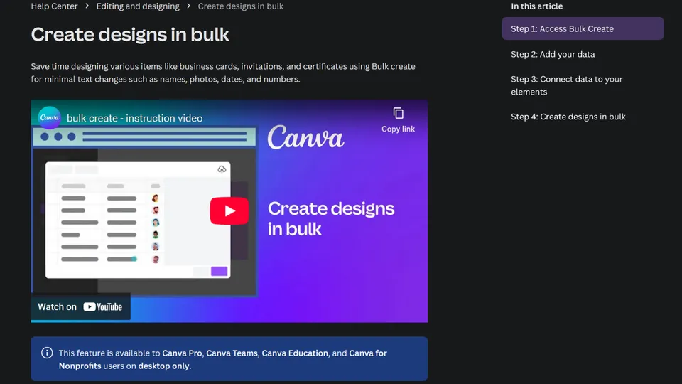 Canva Bulk Create instructions showing how to use data to print labels from Canva with mail merge