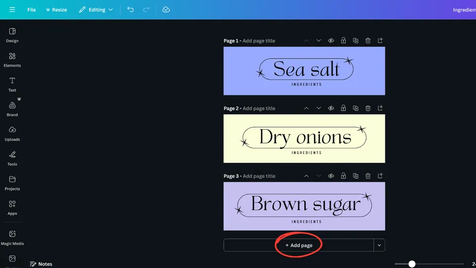 Canva editor showing multiple design pages, each representing a different label to print from Canva