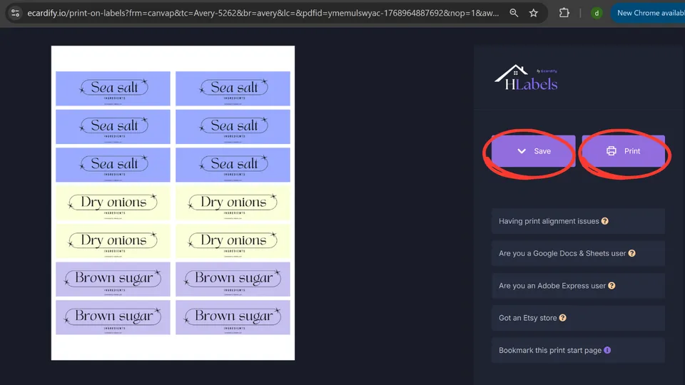 HLabels page showing a preview of the label sheet PDF with options to print or save