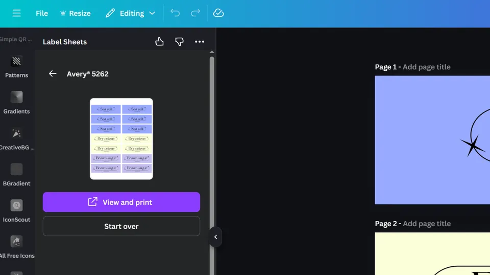 Preview of the label sheet printout in the Label Sheets app