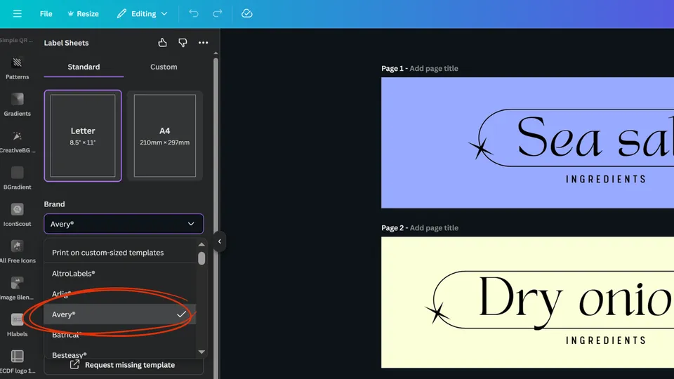 Selecting the label sheet brand in the Label Sheets app within Canva