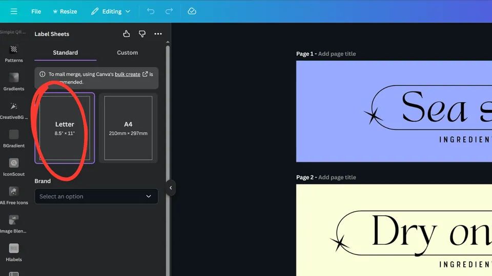 Label Sheets app open in Canva showing label sheet format selection
