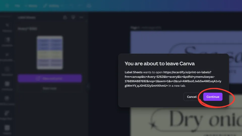 Canva notice informing the user they will be redirected to the Hlabels site to view the PDF printout