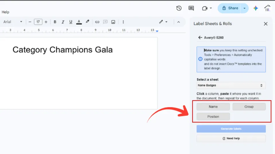 Label Sheets and Rolls add-on in Google Docs showing loaded Excel file with column headers as buttons