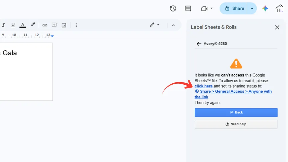 Error message in the Label Sheets and Rolls add-on showing the spreadsheet cannot be read