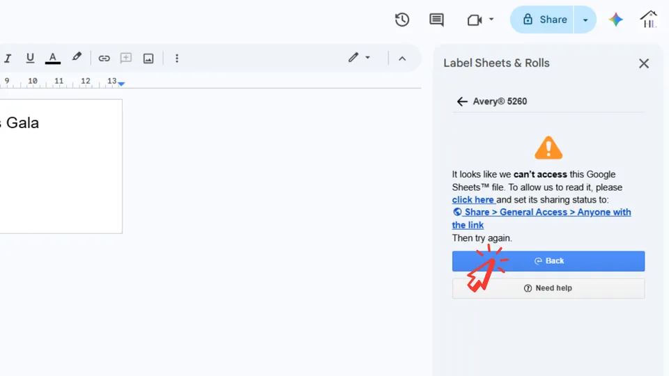 Go back button in the add-on to reselect the spreadsheet after updating sharing settings