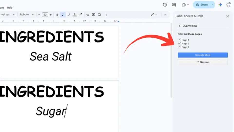 Confirm which labels to include in Google Docs add-on