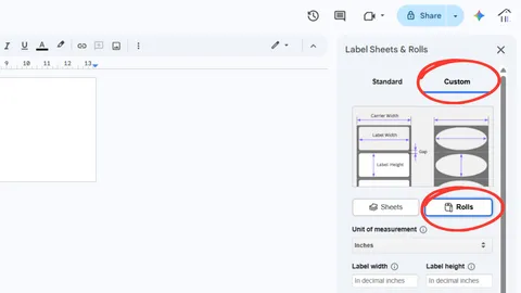 Custom Rolls option selected in the Label Sheets and Rolls add-on in Google Docs