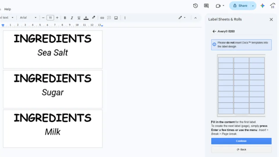 Design multiple labels in Google Docs document