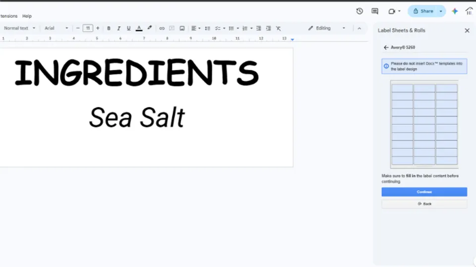 Designing a single label in a Google Docs document using the Label Sheets and Rolls add-on