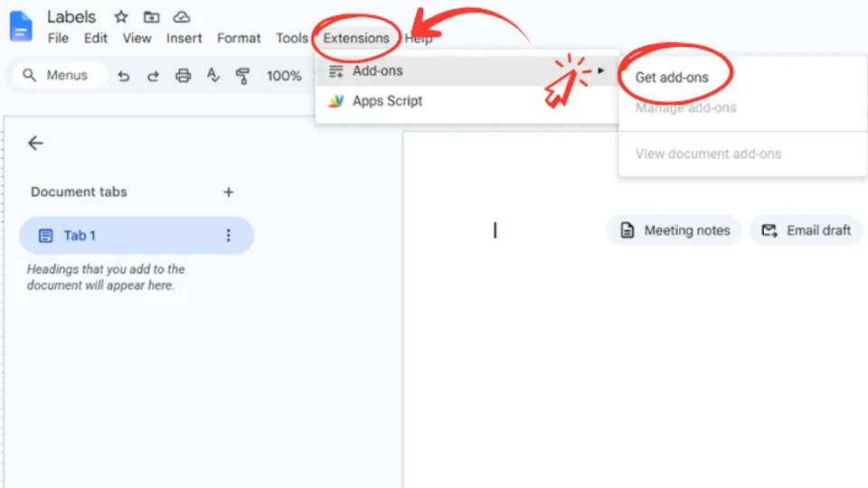 Accessing Get add-ons in Google Docs to install Label Sheets and Rolls add-on