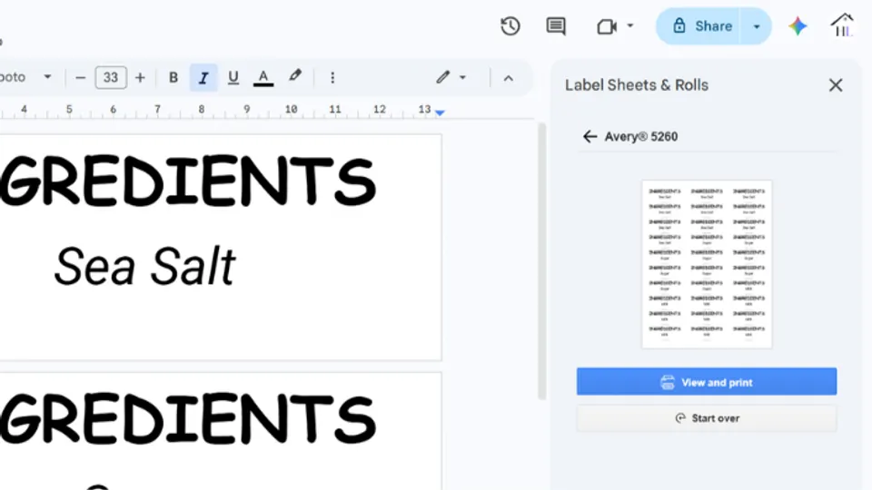 Generate and preview multi-design label printout in Google Docs