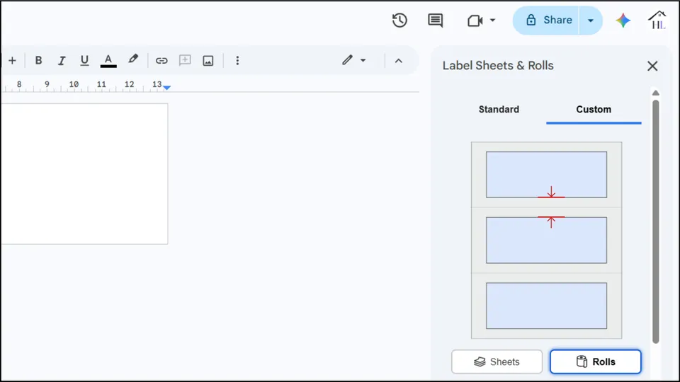 Gap setting for custom roll in the Label Sheets and Rolls add-on in Google Docs