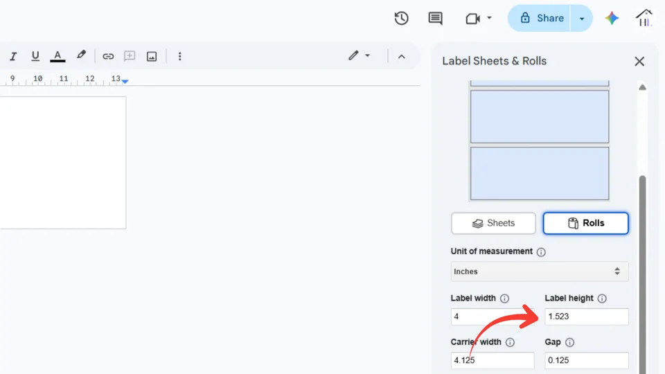 Label height setting for custom roll in the Label Sheets and Rolls add-on in Google Docs