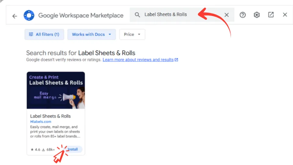 Searching for the Label Sheets and Rolls add-on in the Google Workspace Marketplace