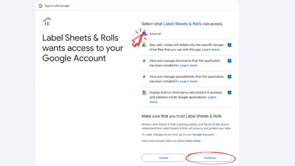 Reviewing permissions before installing the Label Sheets and Rolls add-on in Google Docs