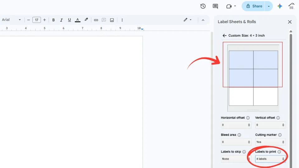 Set number of labels to print on a custom sheet in Google Docs
