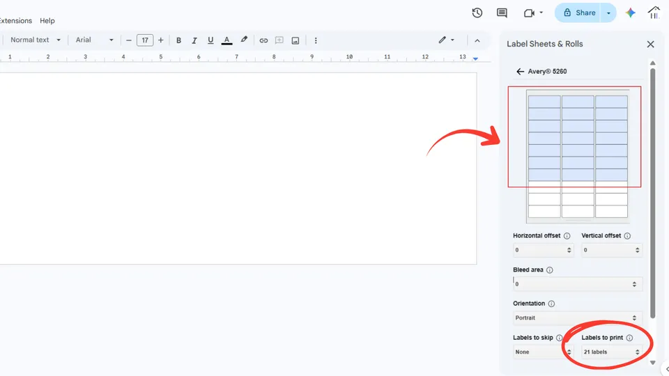 Set number of labels to print on a standard sheet in Google Docs