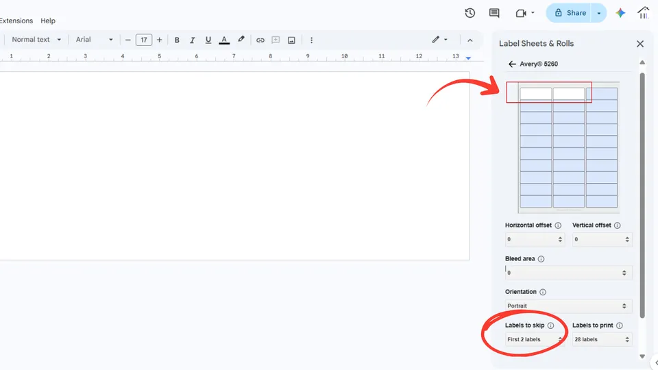 Skip used labels on a standard sheet in Google Docs