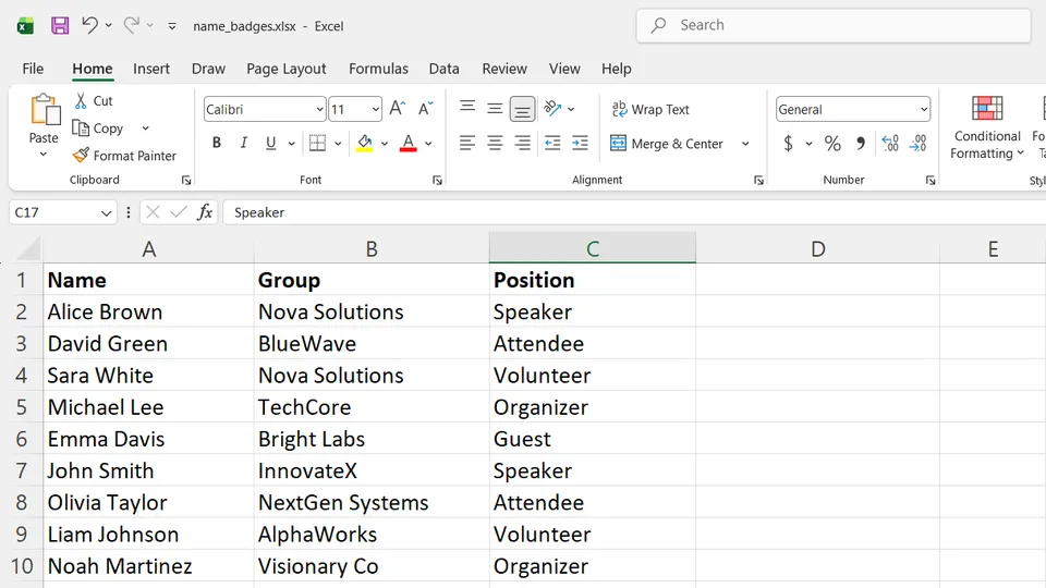 Example of an Excel sheet with column headers and data rows for mail merge in Google Docs
