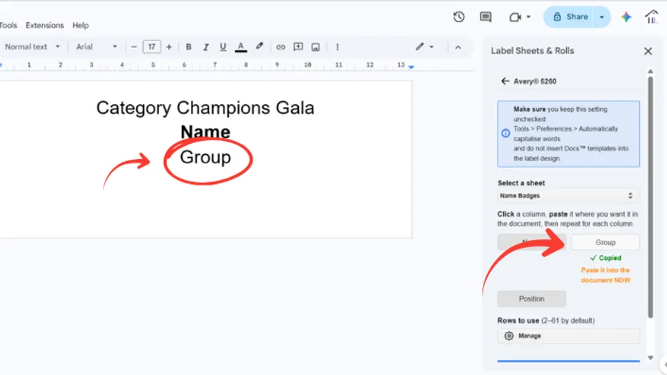 Paste Excel data field into label in Google Docs