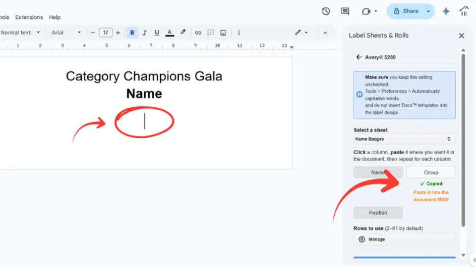 Place cursor for inserting Excel data in Google Docs