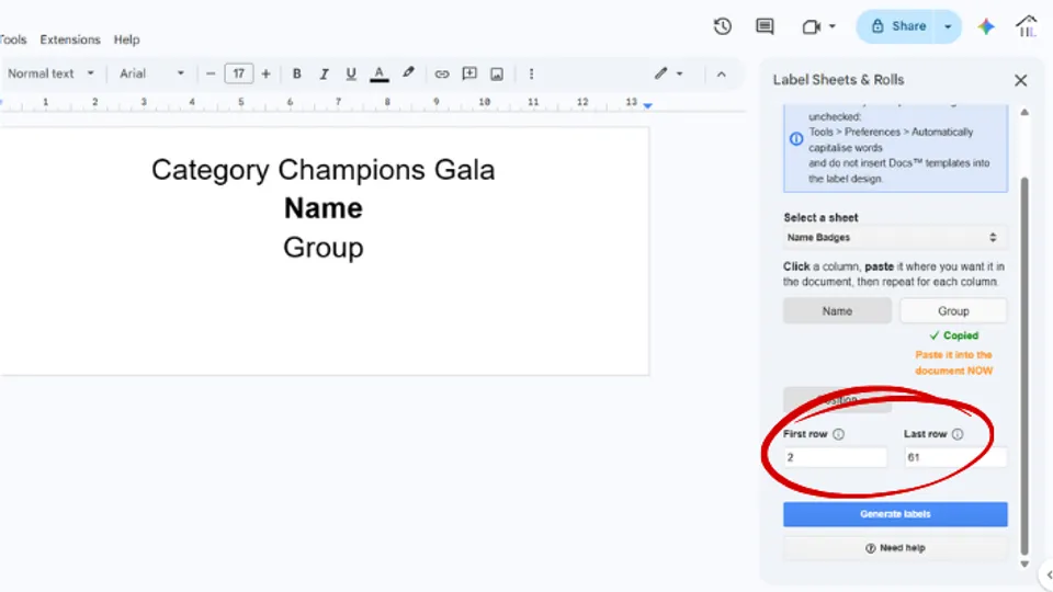 Select row range for mail merge in Google Docs add-on