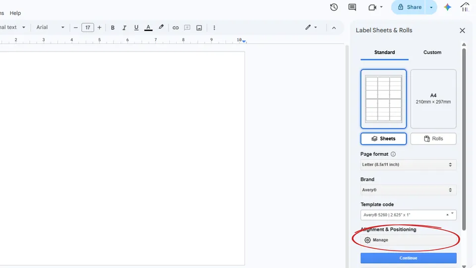 Manage button in the Label Sheets and Rolls add-on for opening alignment and positioning settings